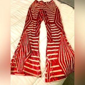 Red and tan sequins flare pull up pant